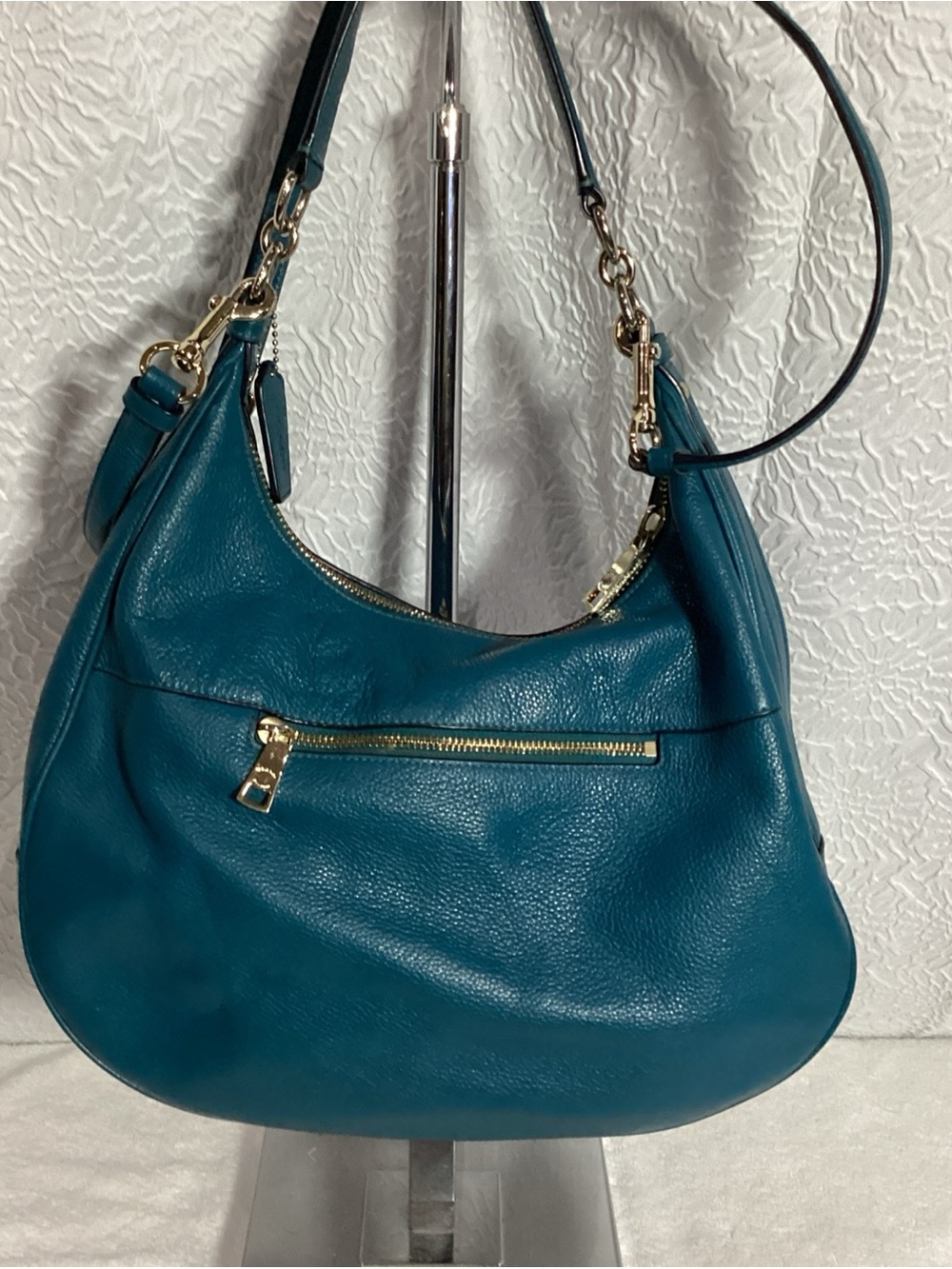 COACH Teal Pebbled Leather Harley East West Hobo Bag with Charm & Long Strap EUC - Picture 5 of 15